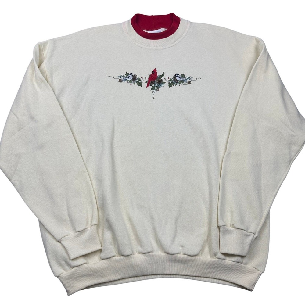 Grannycore Sweater Crewneck Sweatshirt Cream Bird Embroidery Long‎ Sleeve Dunner